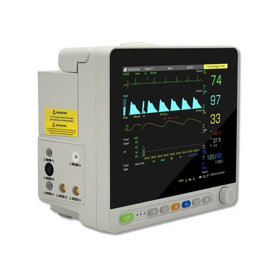 Medical monitor displaying vital signs and waveforms. Gray device with a touchscreen and various ports.