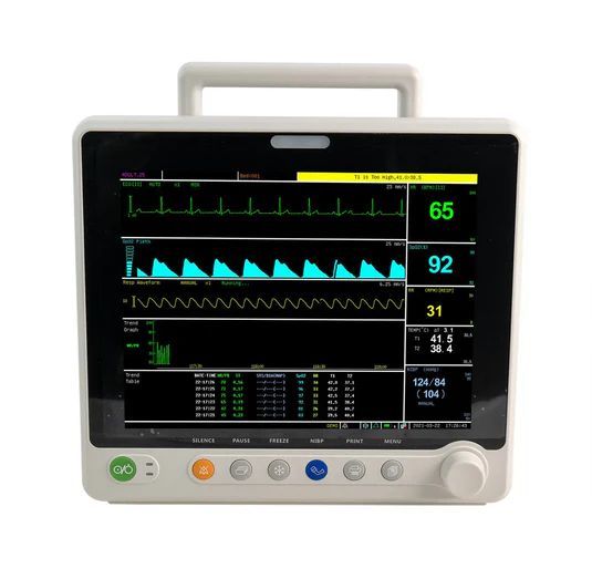Medical monitor displaying patient vital signs; white casing, multiple waveforms, and numerical data.