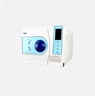White and blue dental autoclave with a display screen.