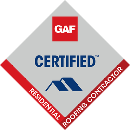 A diamond-shaped logo with a grey background, red GAF logo, dark blue 