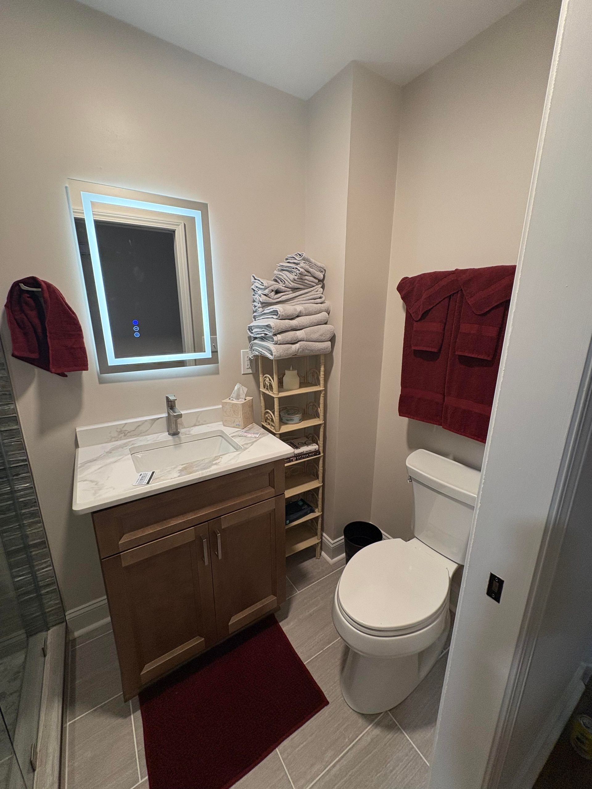 Bathroom with toilet, sink, mirror, towel rack, and storage shelves. Red towels and rug. Light gray walls.
