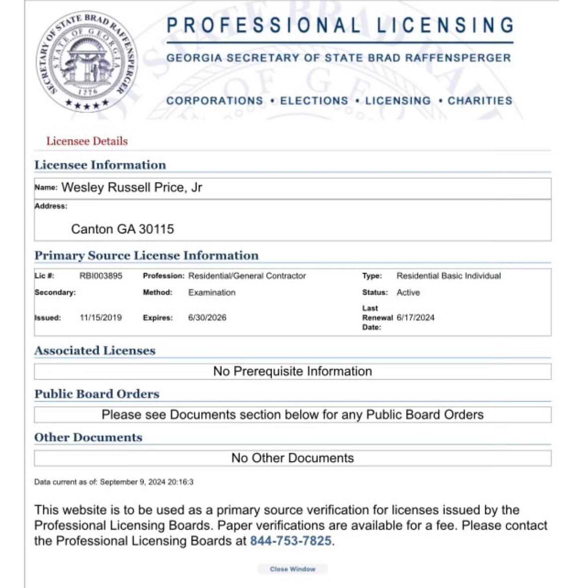Georgia professional license details for Wesley Russell Price, Jr. lists Canton, GA address