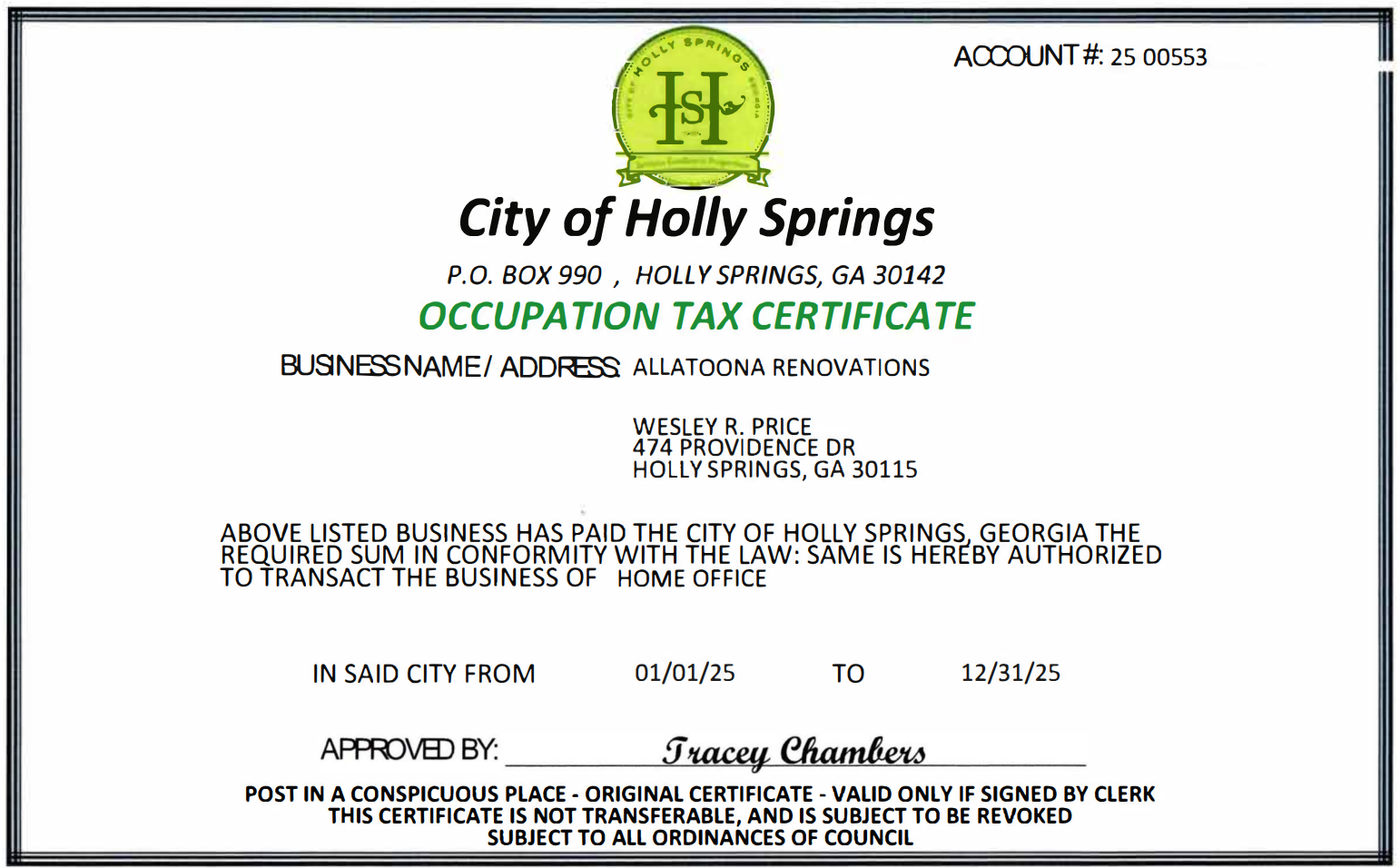 Occupation Tax Certificate from the City of Holly Springs.