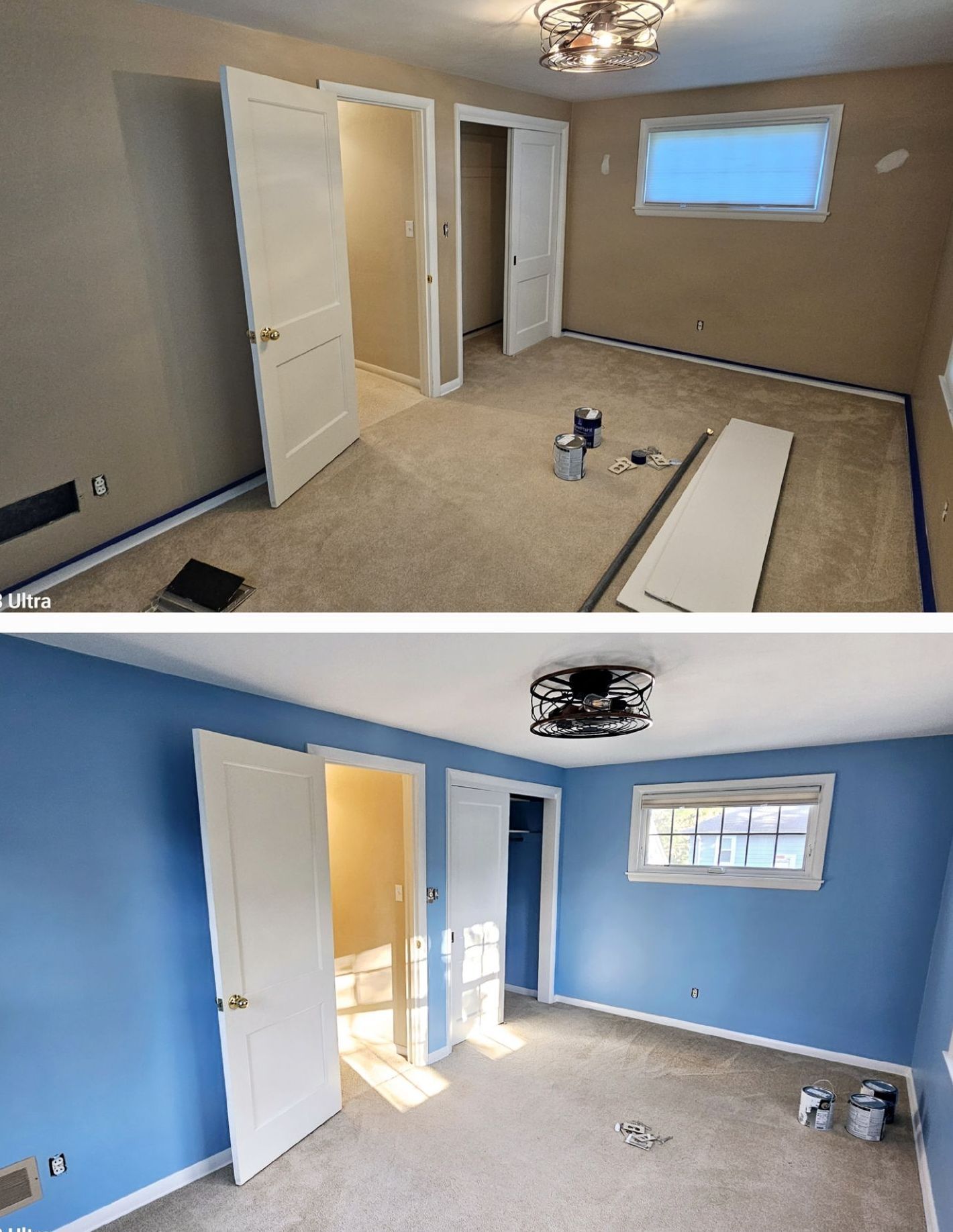 Two pictures of a room before and after being painted