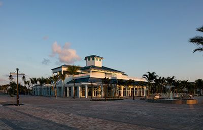 A large white building with a blue roof is surrounded by palm trees.