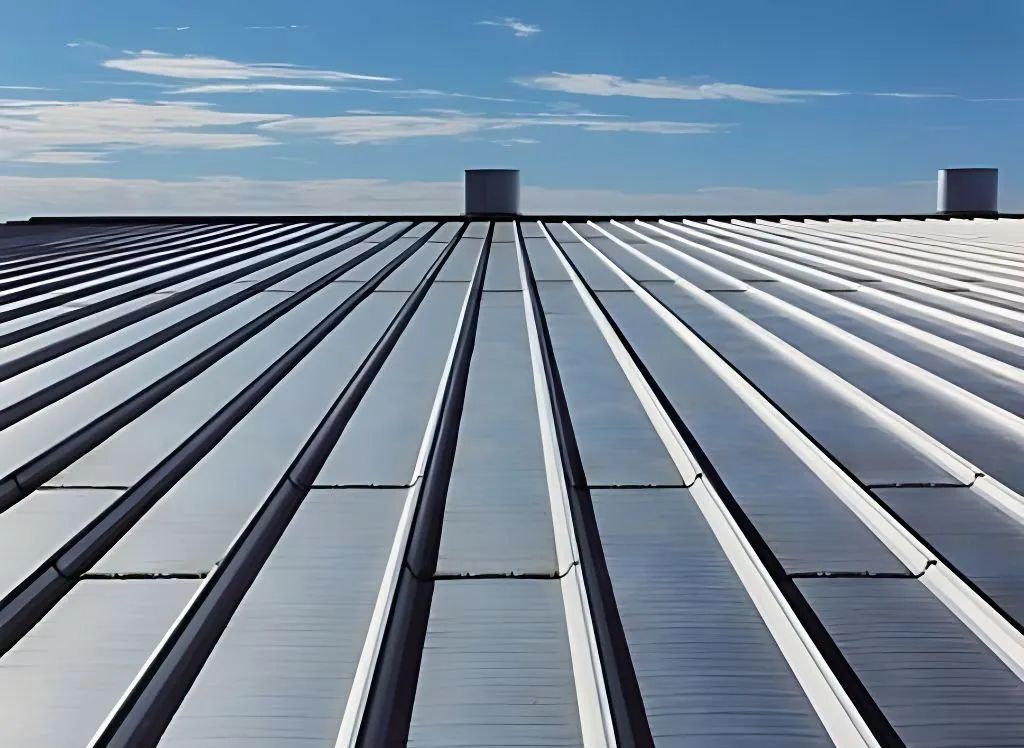 A metal roof with a blue sky in the background