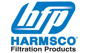 A blue logo for harmsco filtration products