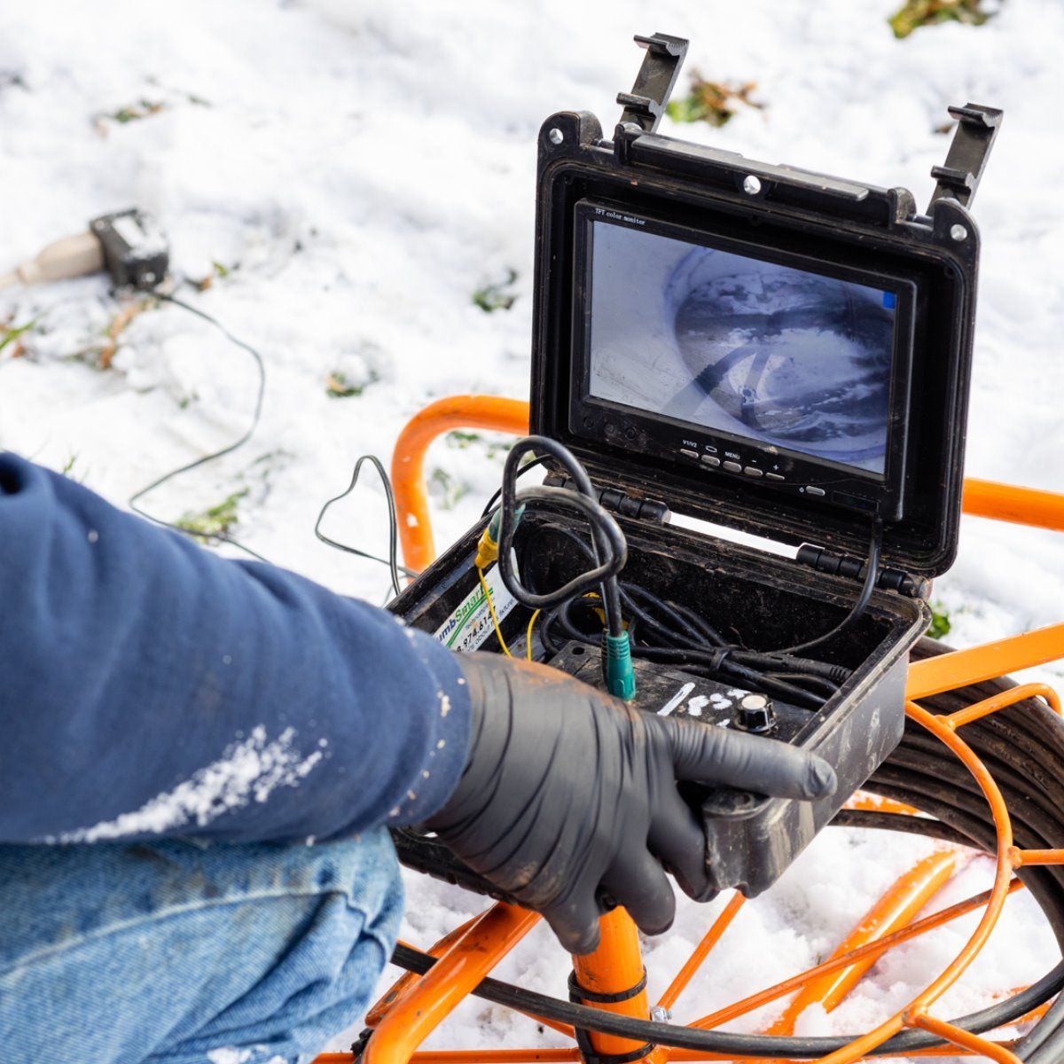 A person is using a video camera in the snow