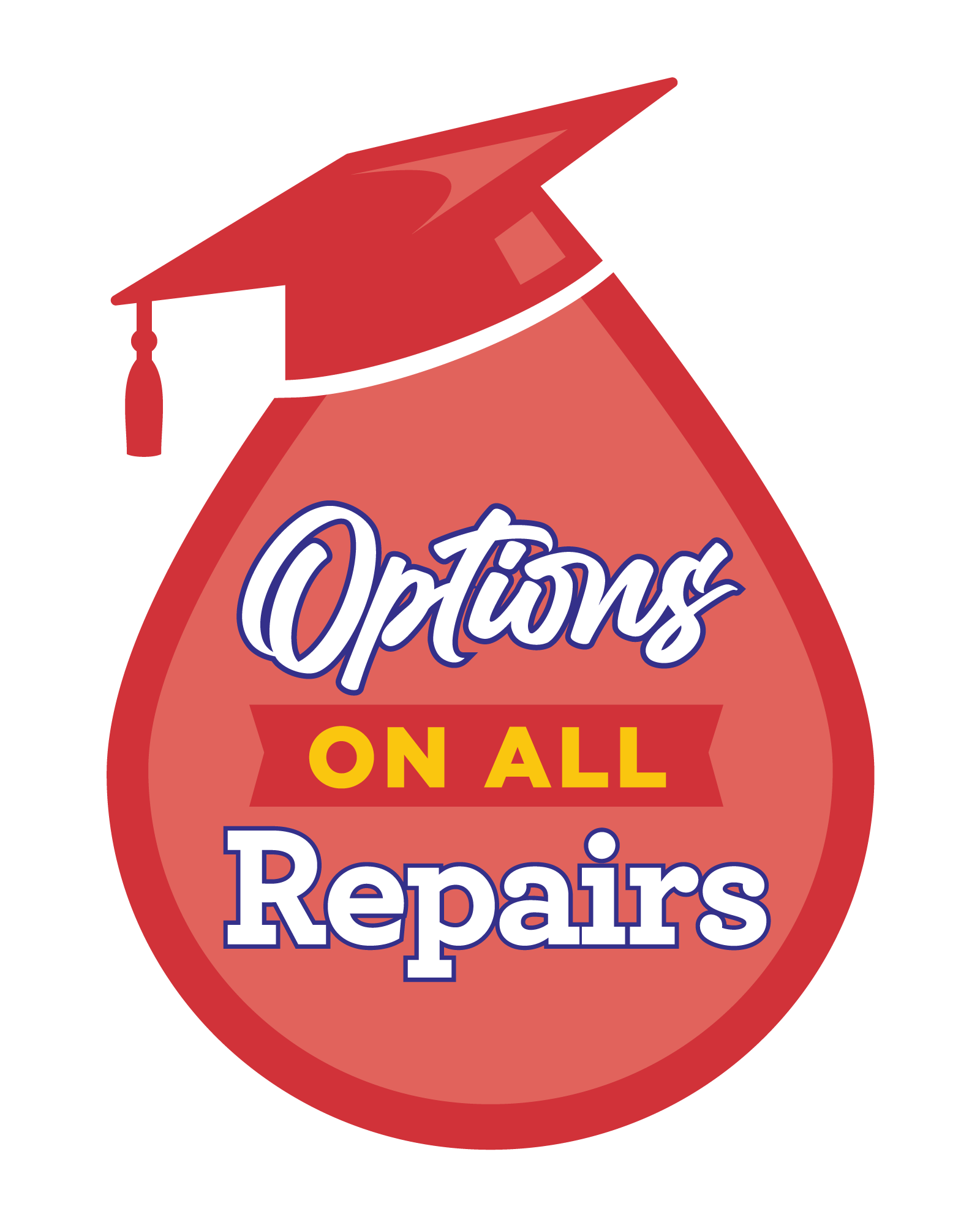 A red drop with a graduation cap that says