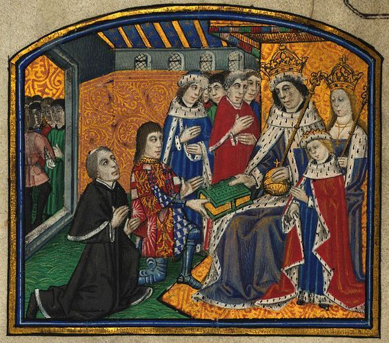 A painting of a group of people kneeling in front of a king