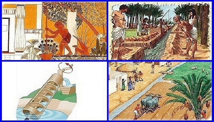 A collage of four pictures showing Ancient Egyptian irrigation processes.