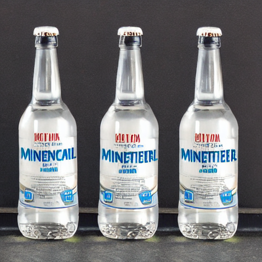 Three bottles of mineral are lined up on a table