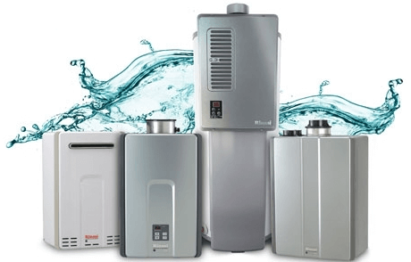 A group of water heaters are sitting next to each other with water splashing in the background.