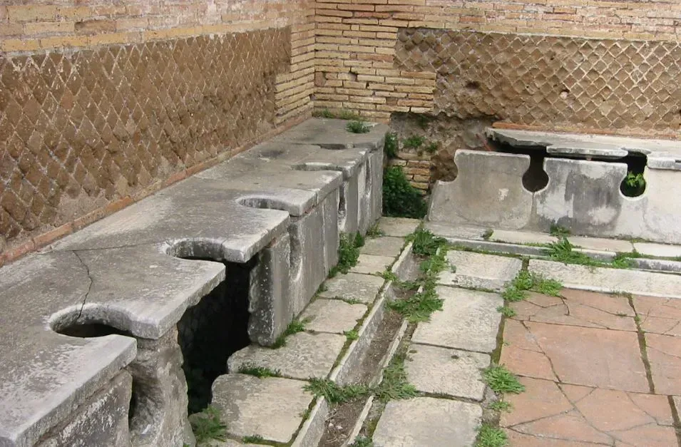 A row of stone toilets in an old building