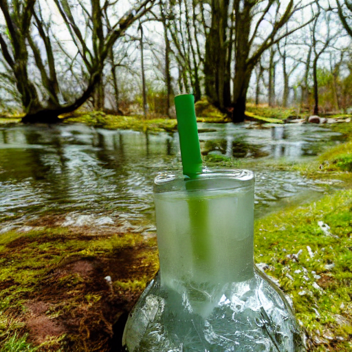 A glass of water with a green straw is sitting next to a river in the woods.