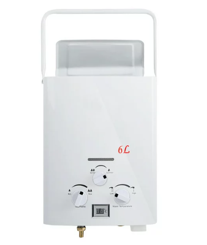 A white water heater with a handle on a white background.