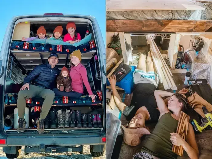 A family is sitting in the back of a van.