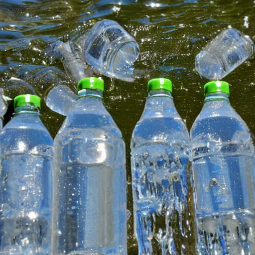 A row of plastic water bottles with green lids floating in water.