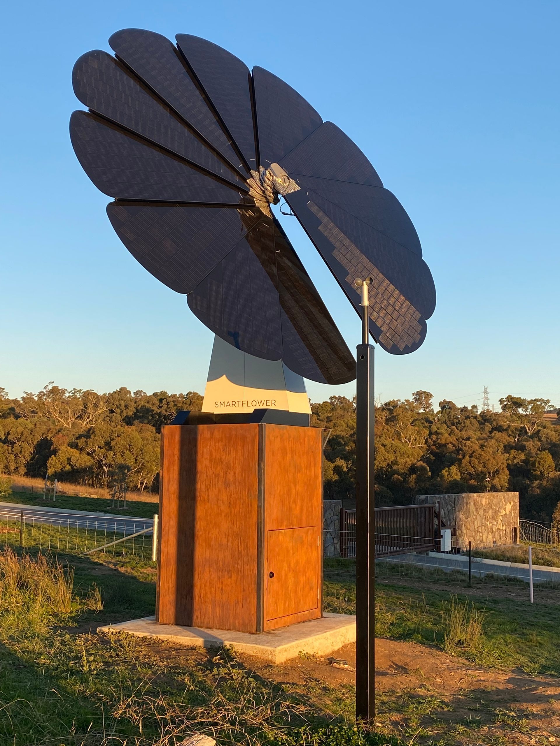 Large dark flower-like sculpture on a pole beside a wooden pedestal in a grassy field at sunset.