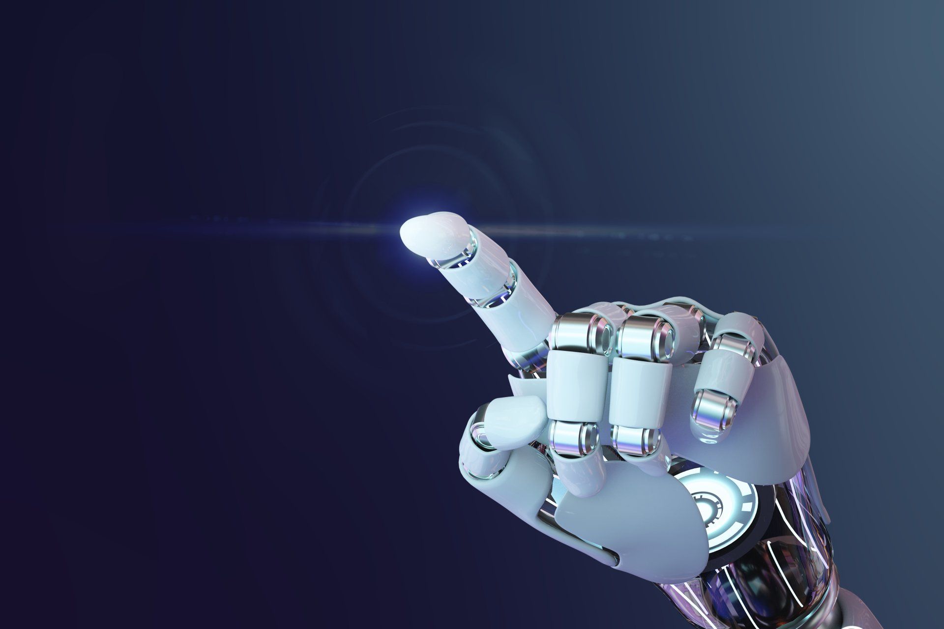 Cyborg 3d mano apuntando fondo, tecnología de inteligencia artificial