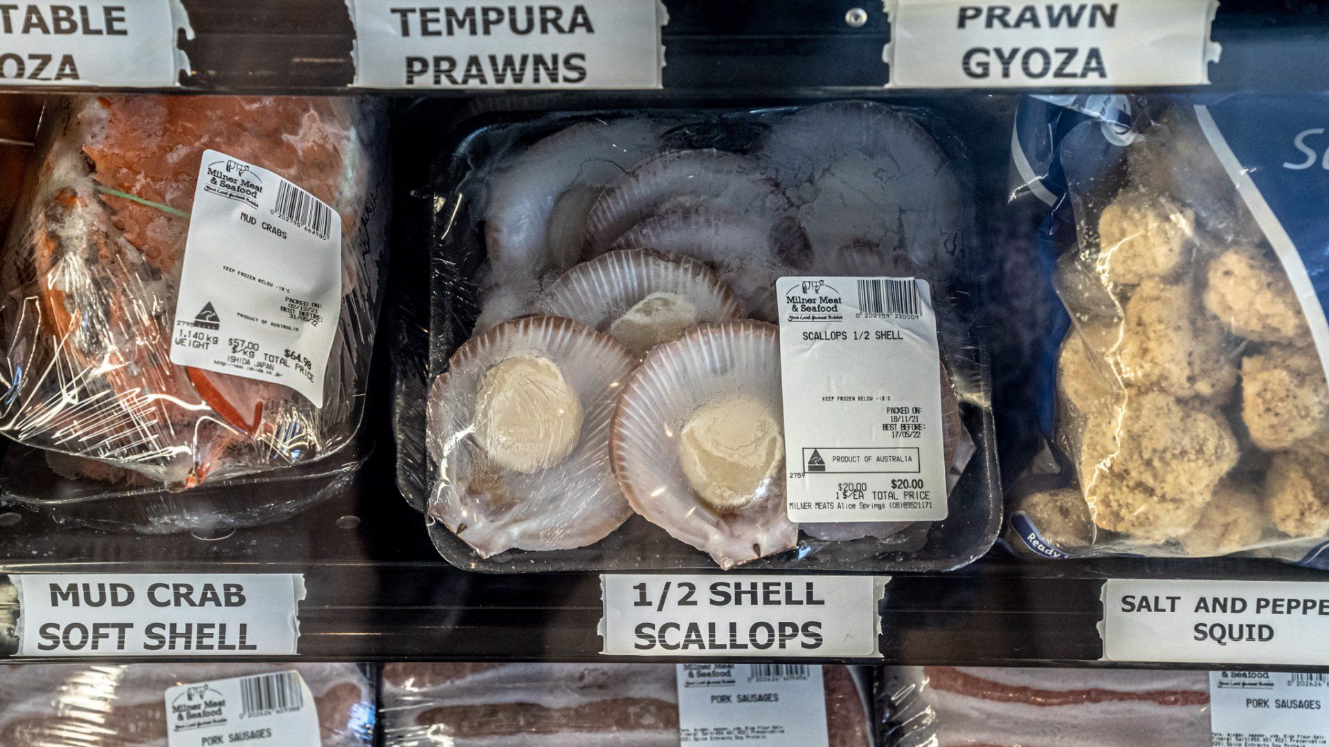 A display of seafood including shrimp and scallops