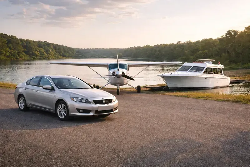 Silver sedan, small plane, and boat parked near a lake, lush trees in background.