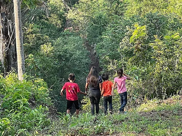 four children holding hands looking out into the forest
