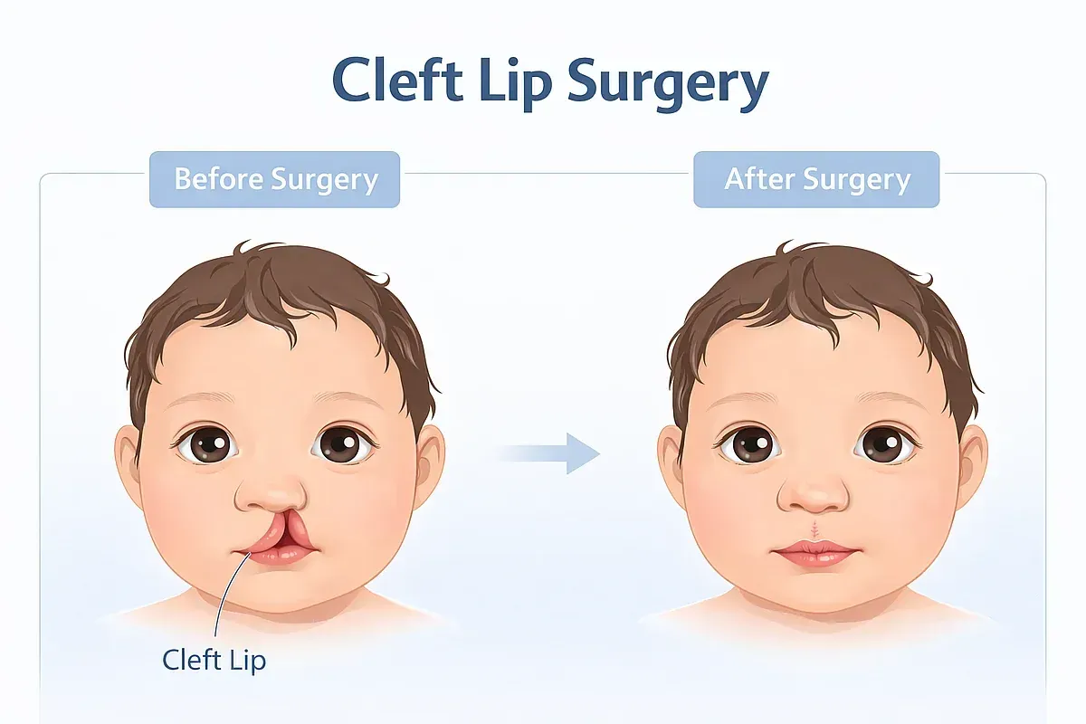Illustration comparing a baby's face before and after cleft lip surgery; showing surgical correction.
