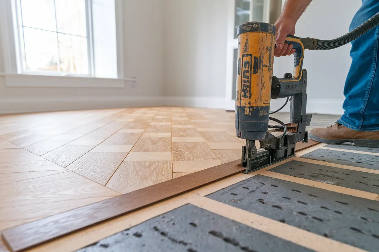 Person installing wood flooring with a nail gun in a room with a window.
