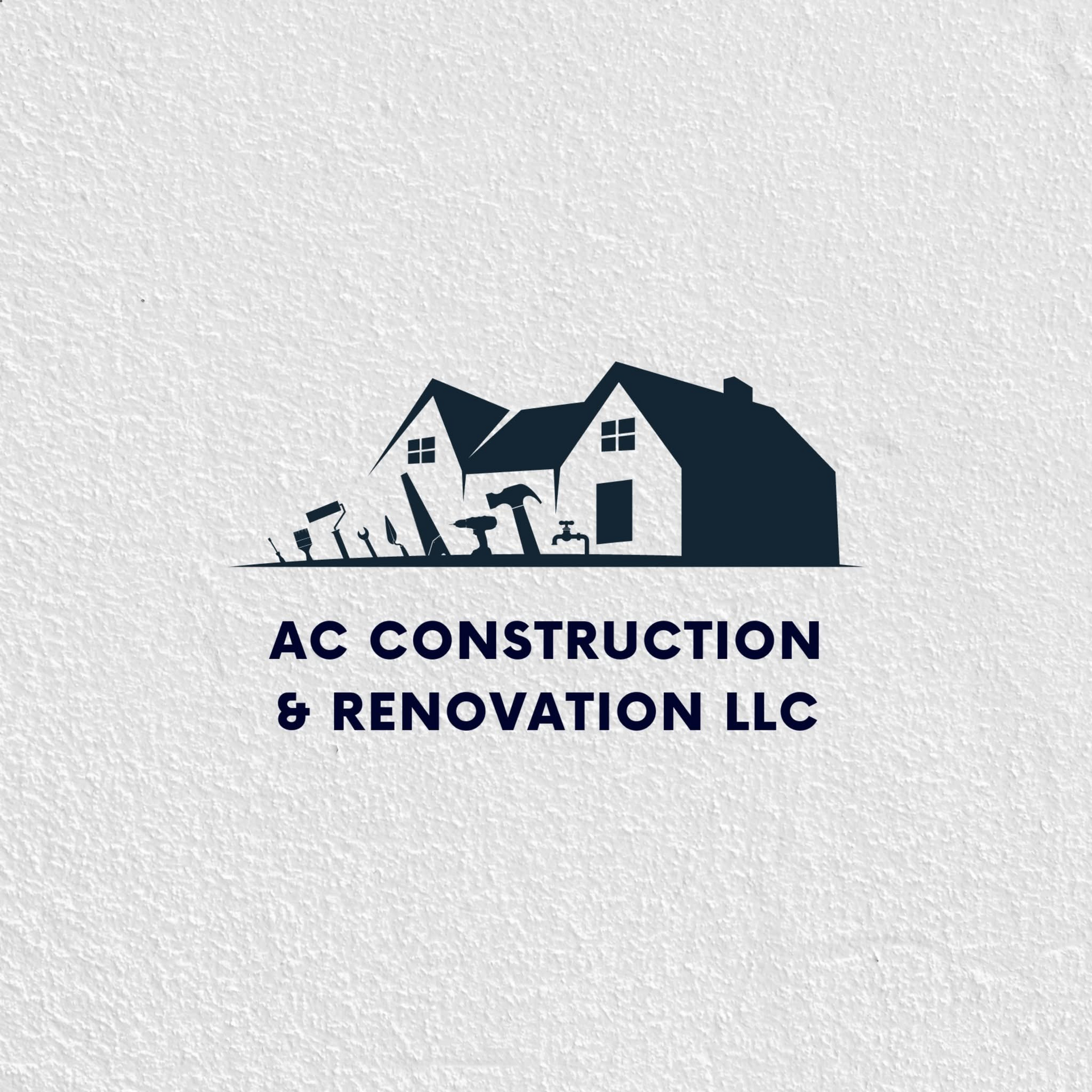 AC Construction & Renovation LLC logo: dark blue silhouette of a house with tools beneath and company name below.