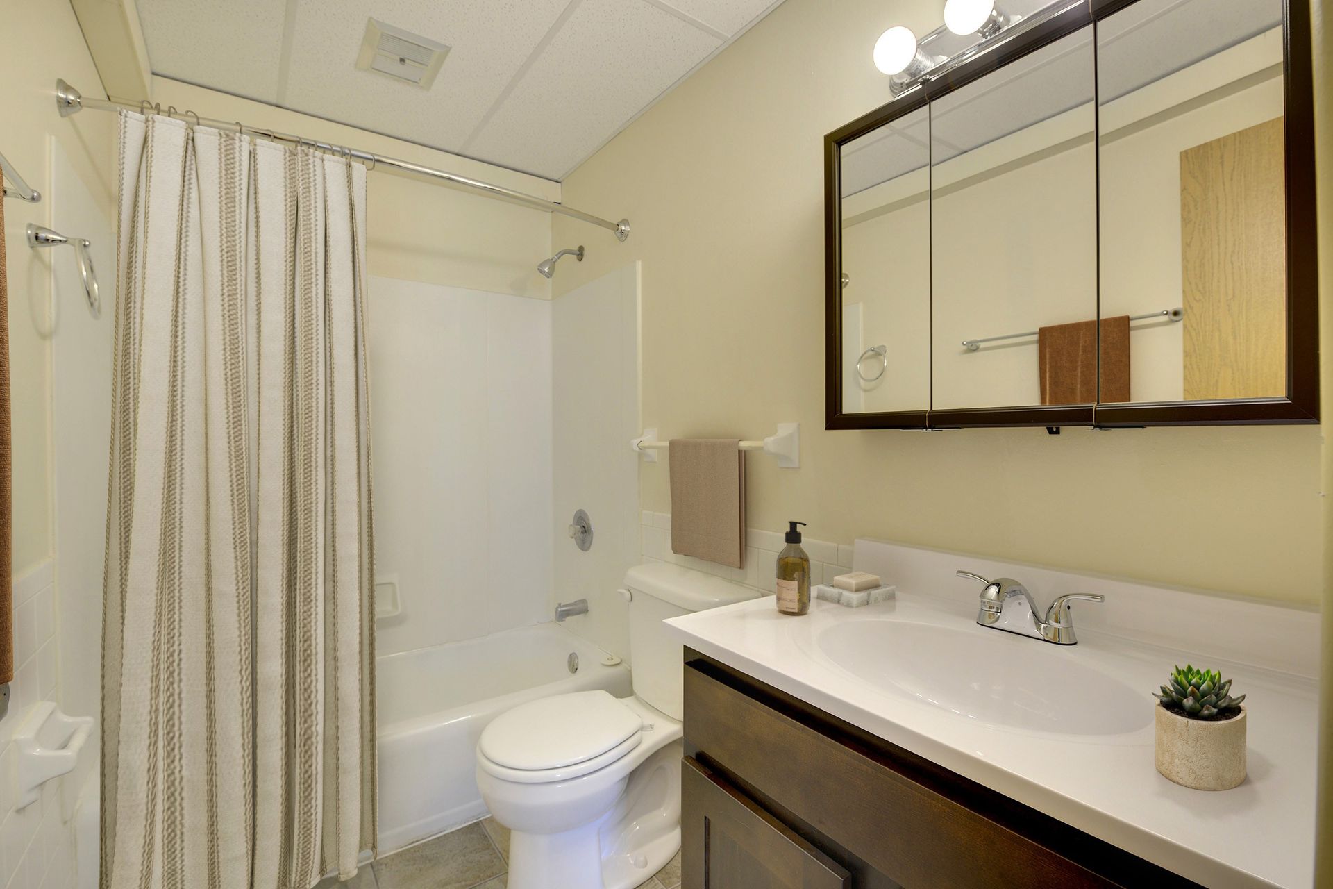 A bathroom with a toilet , sink , shower and mirror.