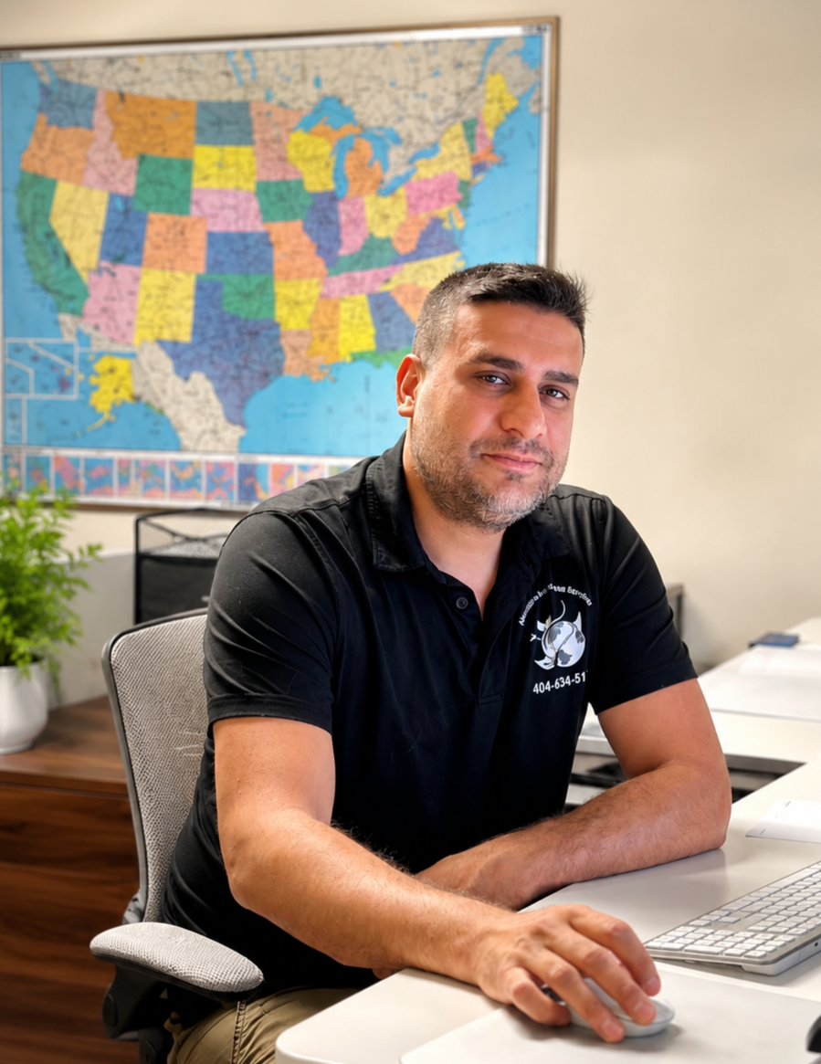 Man seated at an office desk with computer monitors, papers, and a U.S. map on the wall.