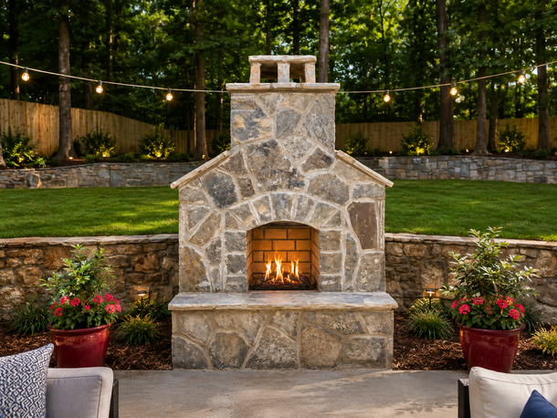 Stone outdoor fireplace in a landscaped yard, with potted plants and a stone retaining wall behind it