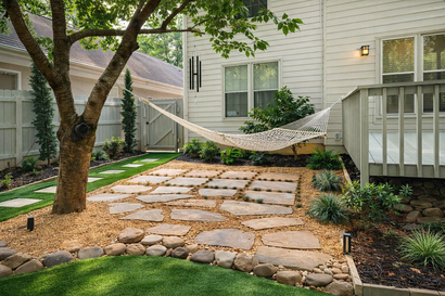 Backyard patio with stone pavers, hammock, tree, and white house siding