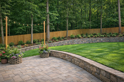Stone retaining wall along a grassy backyard with trees and a wooden fence in the background