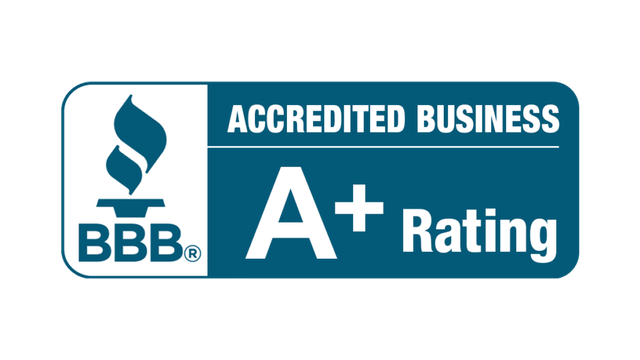 BBB Accredited Business A+ rating badge in blue and white.