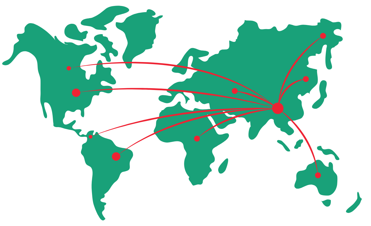 World map with red lines connecting locations to a central point in Asia, likely representing global distribution.