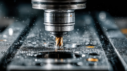 CNC milling machine cutting metal, creating sparks and shavings.