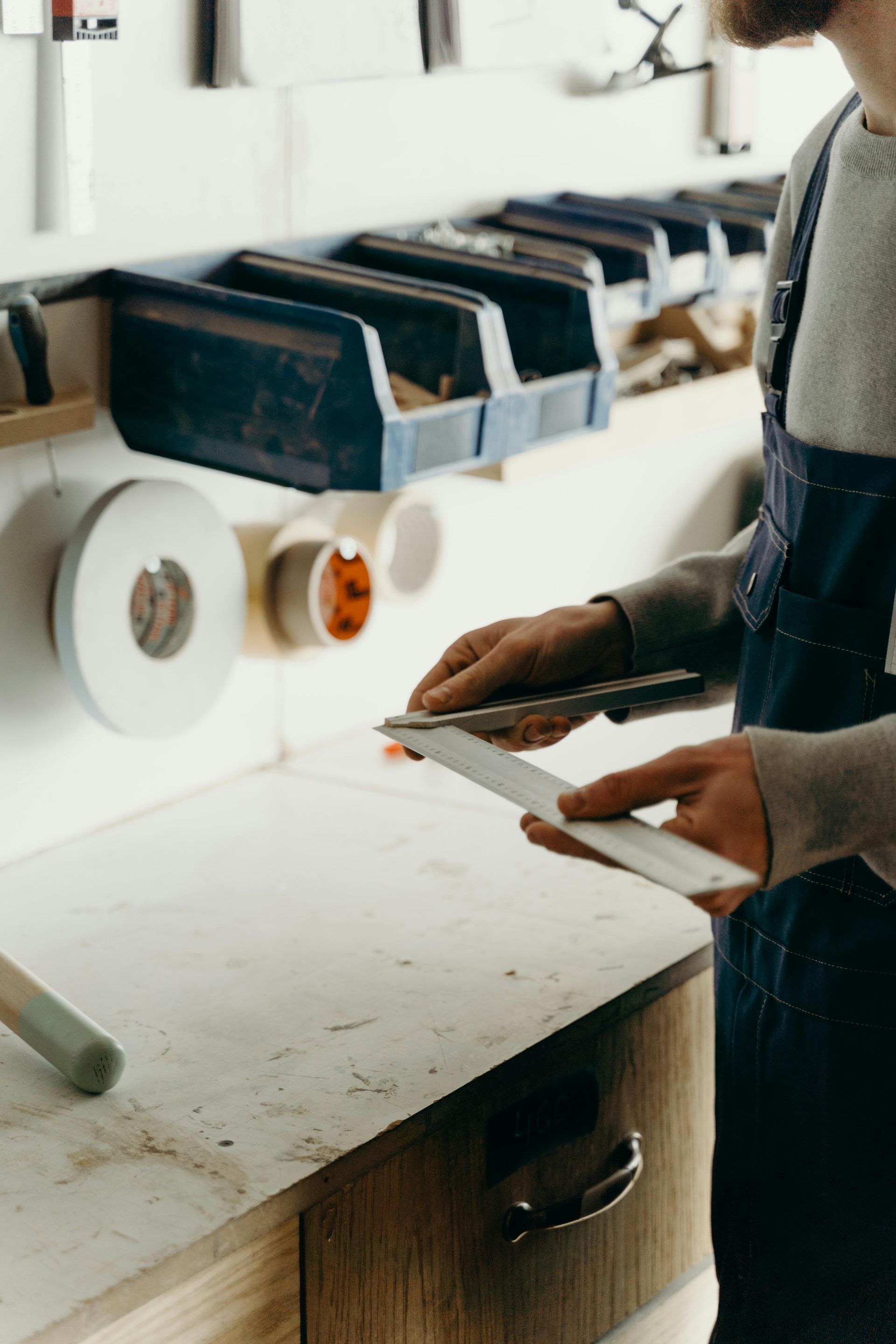 Person in workshop using a tool on a piece of wood. Shelves and bins in the background.