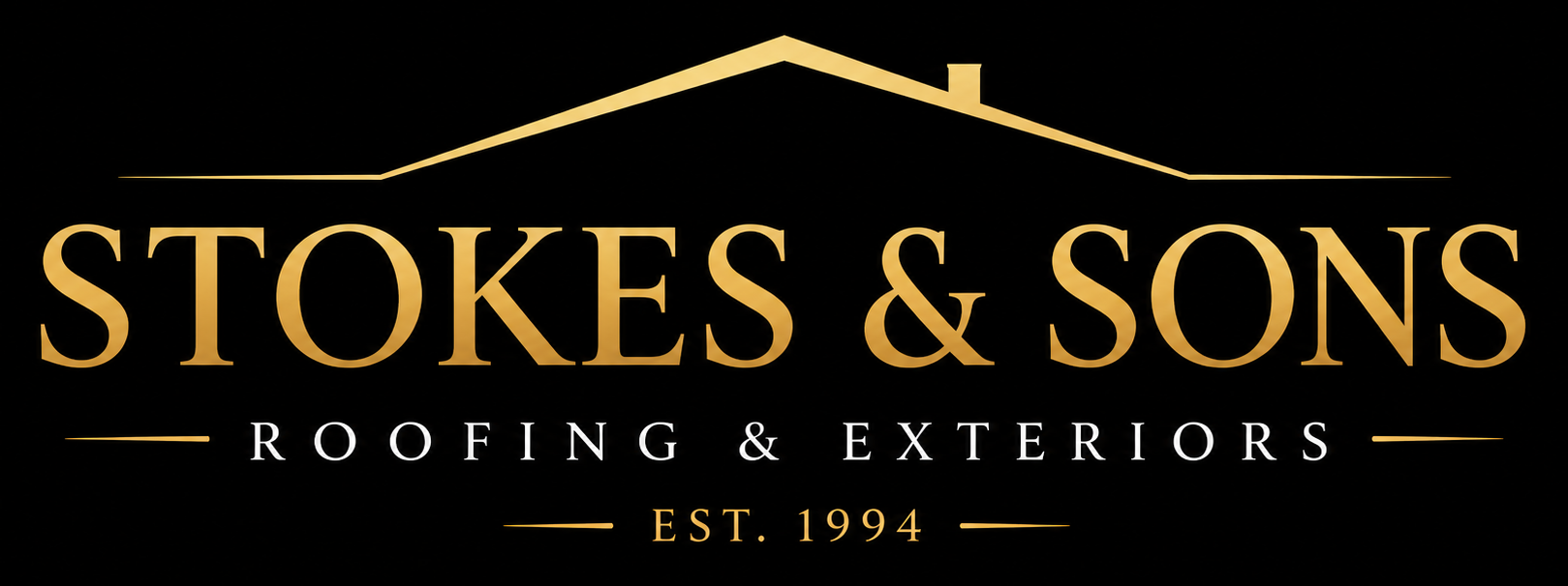 Stokes & Sons Roofing & Exteriors logo in gold on black with a roofline and “Est. 1994” text