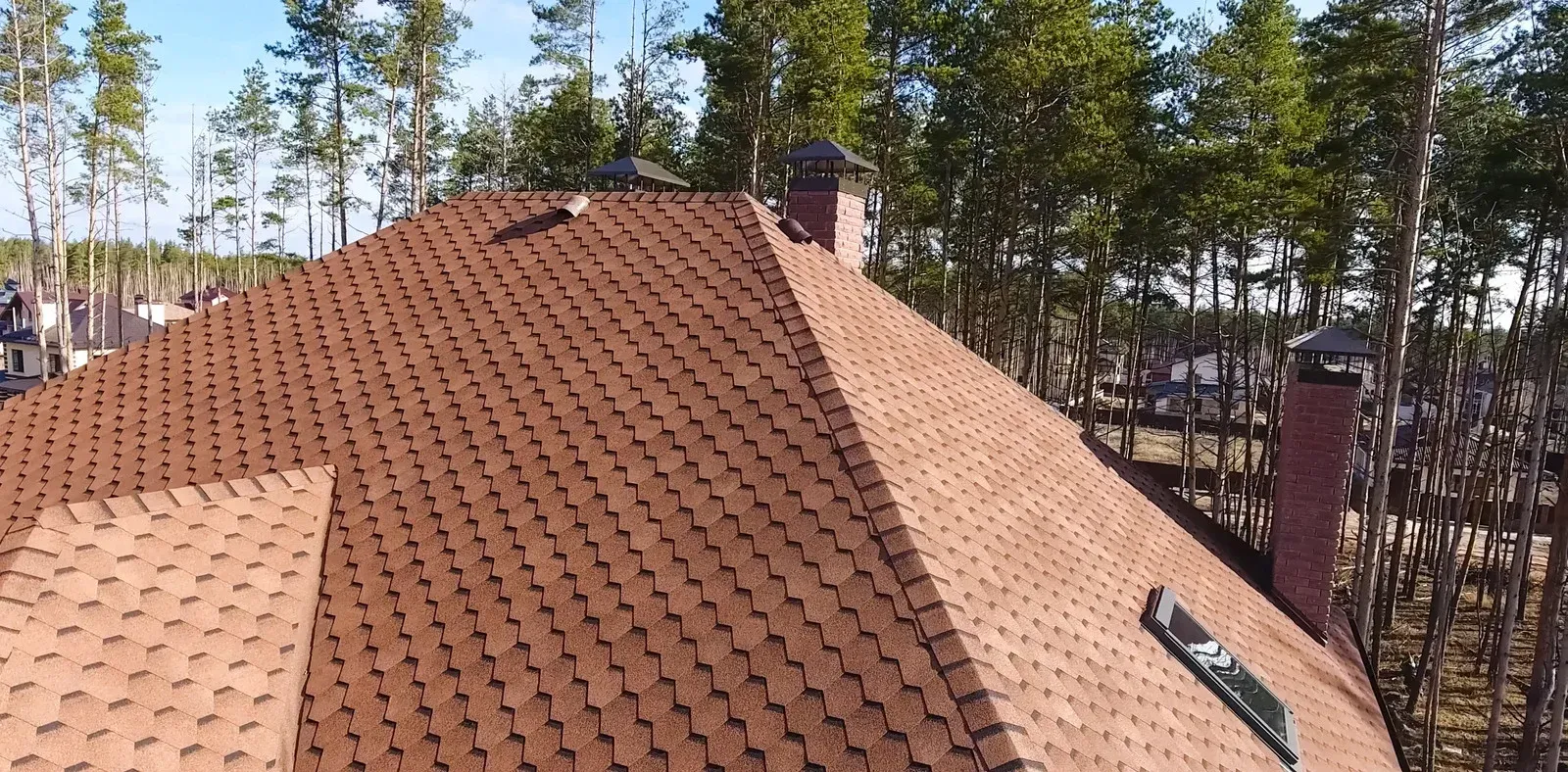 Rooftop with brown shingles and chimneys, surrounded by tall trees in a wooded neighborhood.