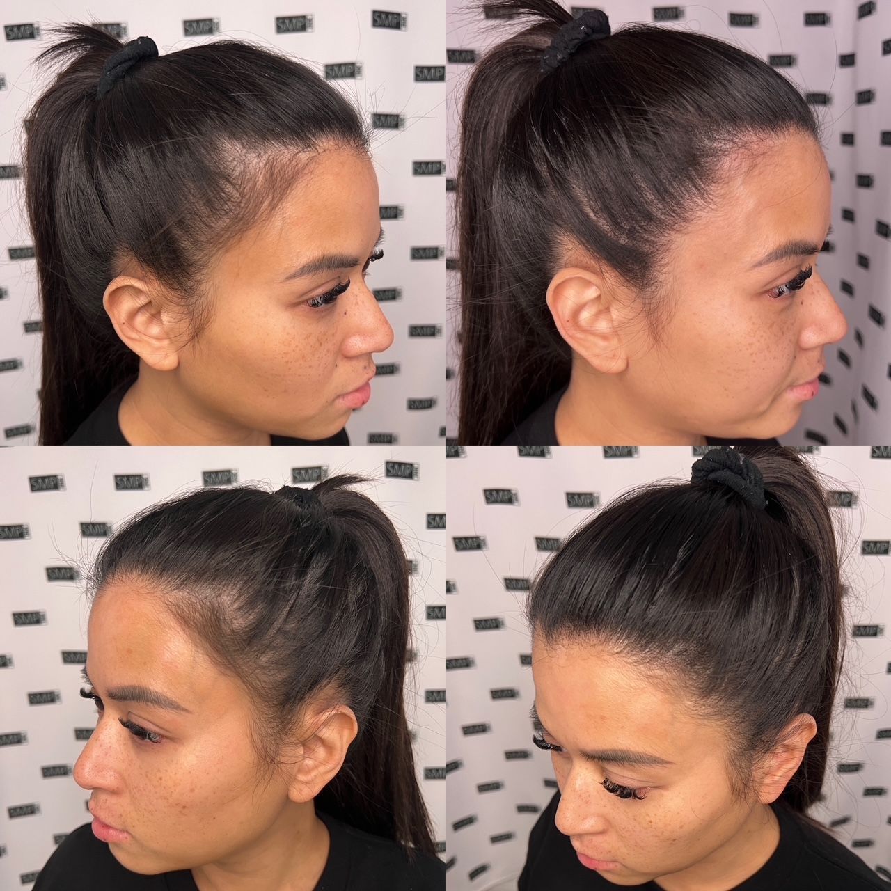 A woman with dark hair in a ponytail, wearing a black top, in various side profile shots.