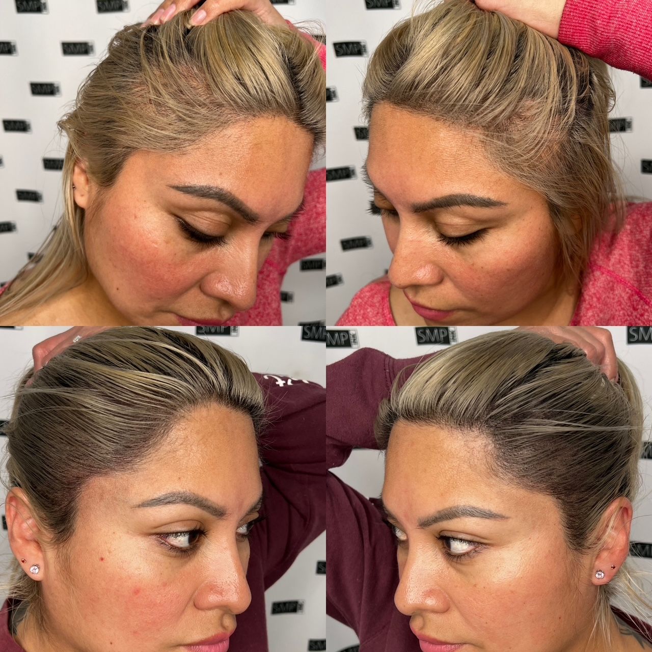 Four-panel photo of a woman wearing a blonde wig, holding it in place with her hands.