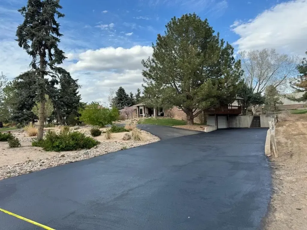 A driveway leading to a house with trees on both sides.
