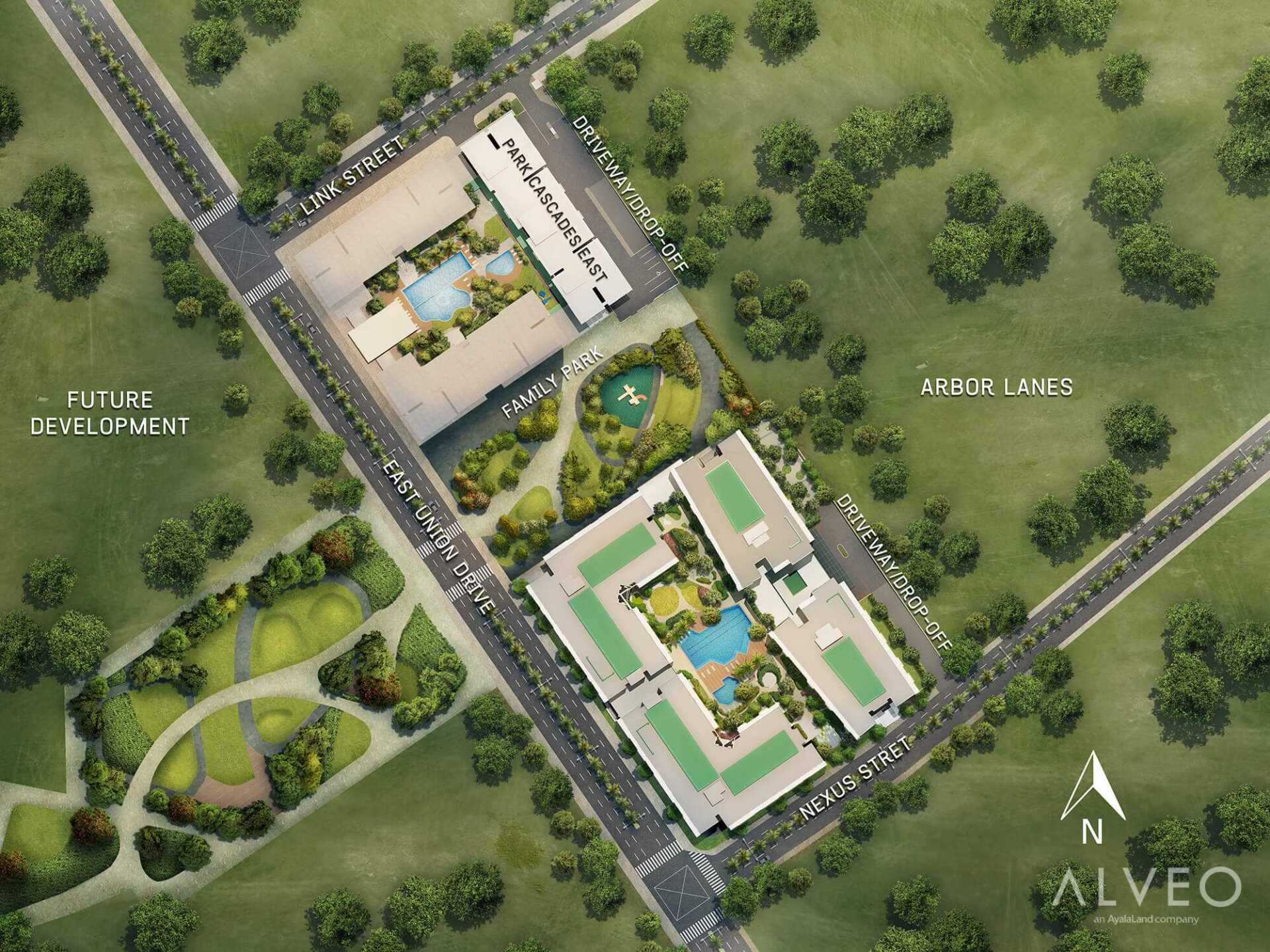 An aerial view of a building with the word alveo on it