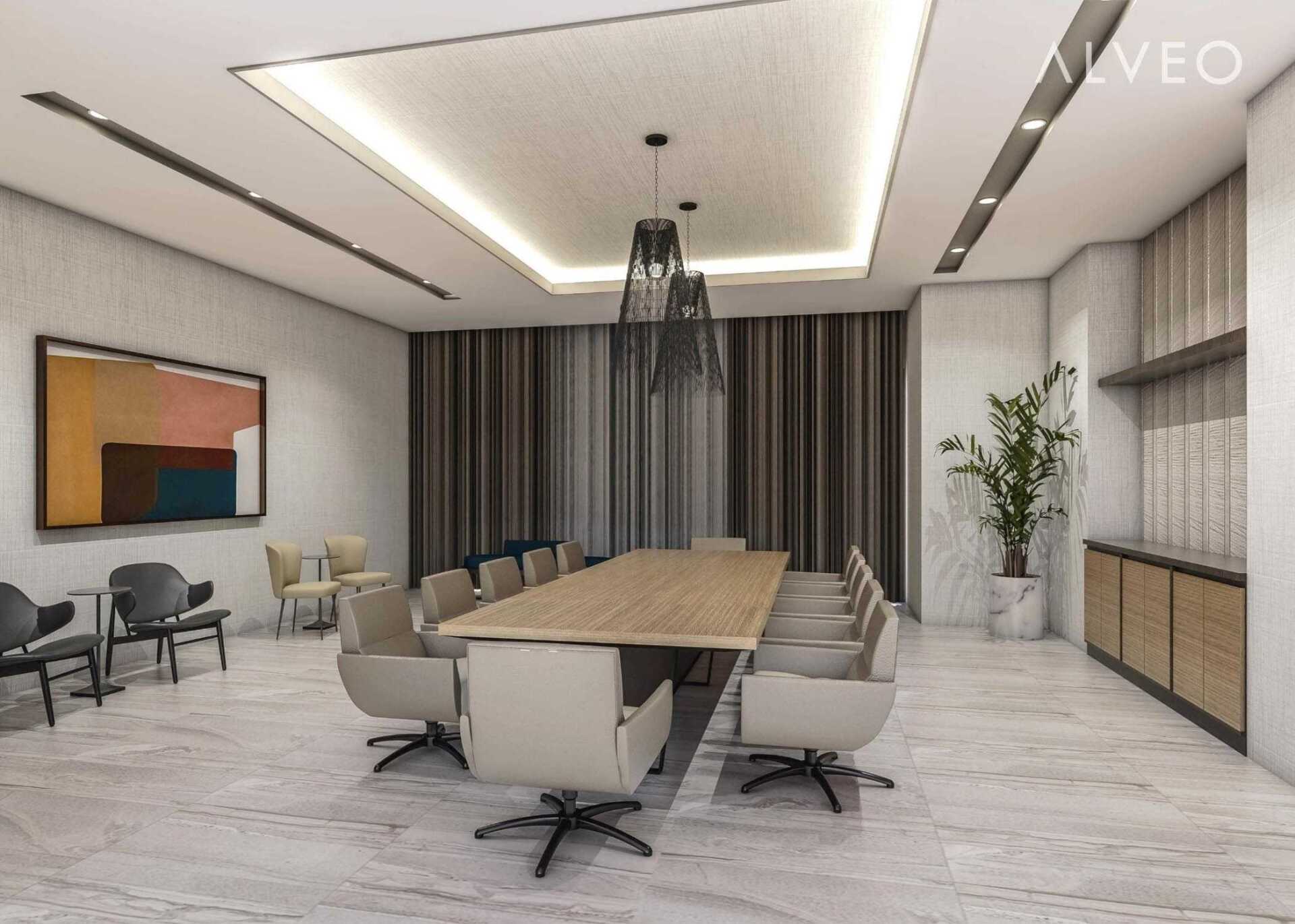 A conference room with a long table and chairs