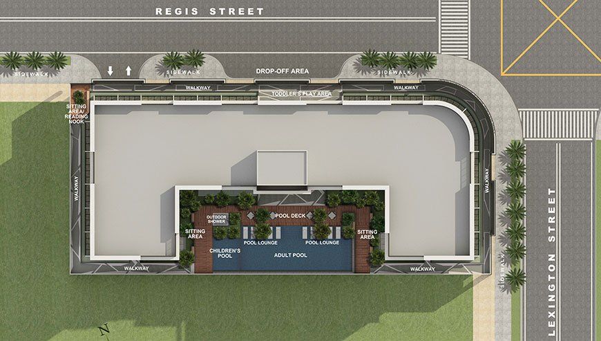 An aerial view of a building with regis street in the background