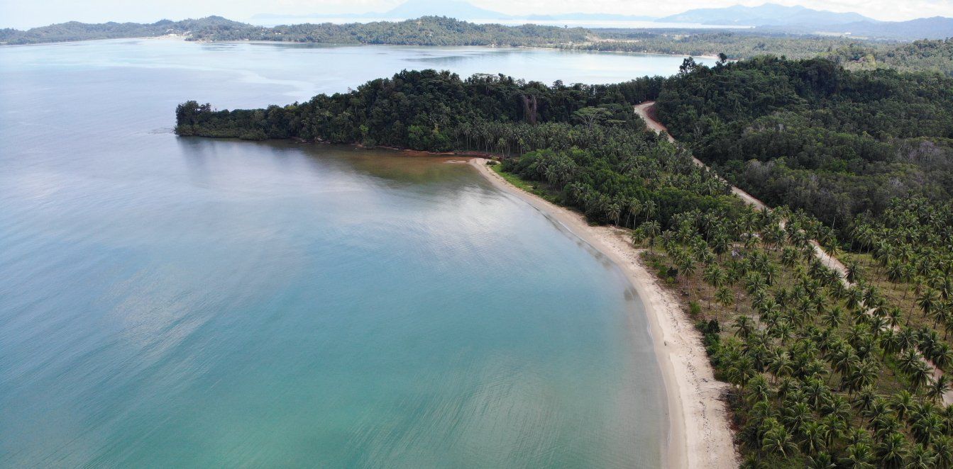 An aerial view of a beach surrounded by water and trees.