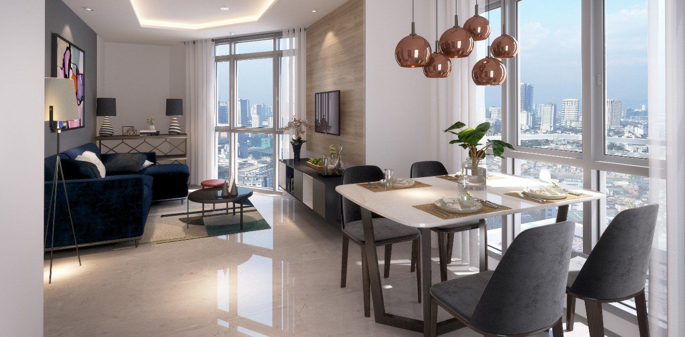 A living room with a dining table and chairs and a view of the city.