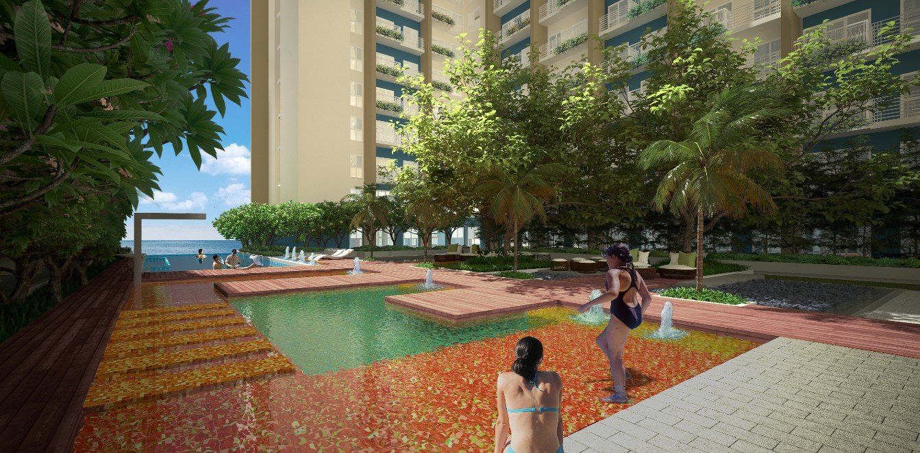 An artist 's impression of a swimming pool in a building.